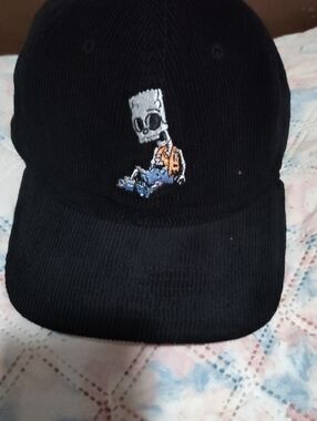 The Simpsons Black Corduroy Cap with Cartoon Skeleton Embroidery